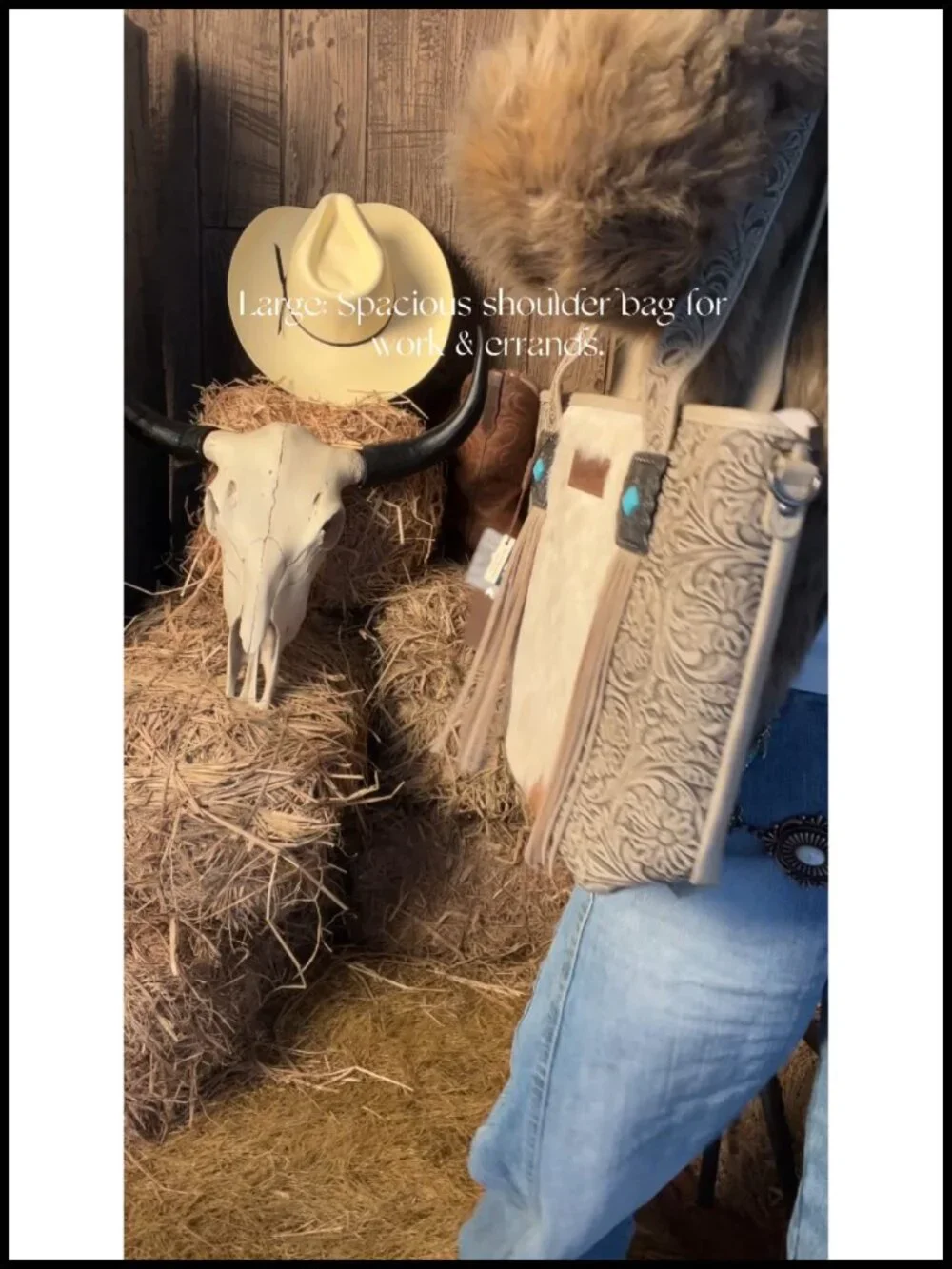 Western Cowhide Hair-On Leather Tote Bag with Turquoise Concho